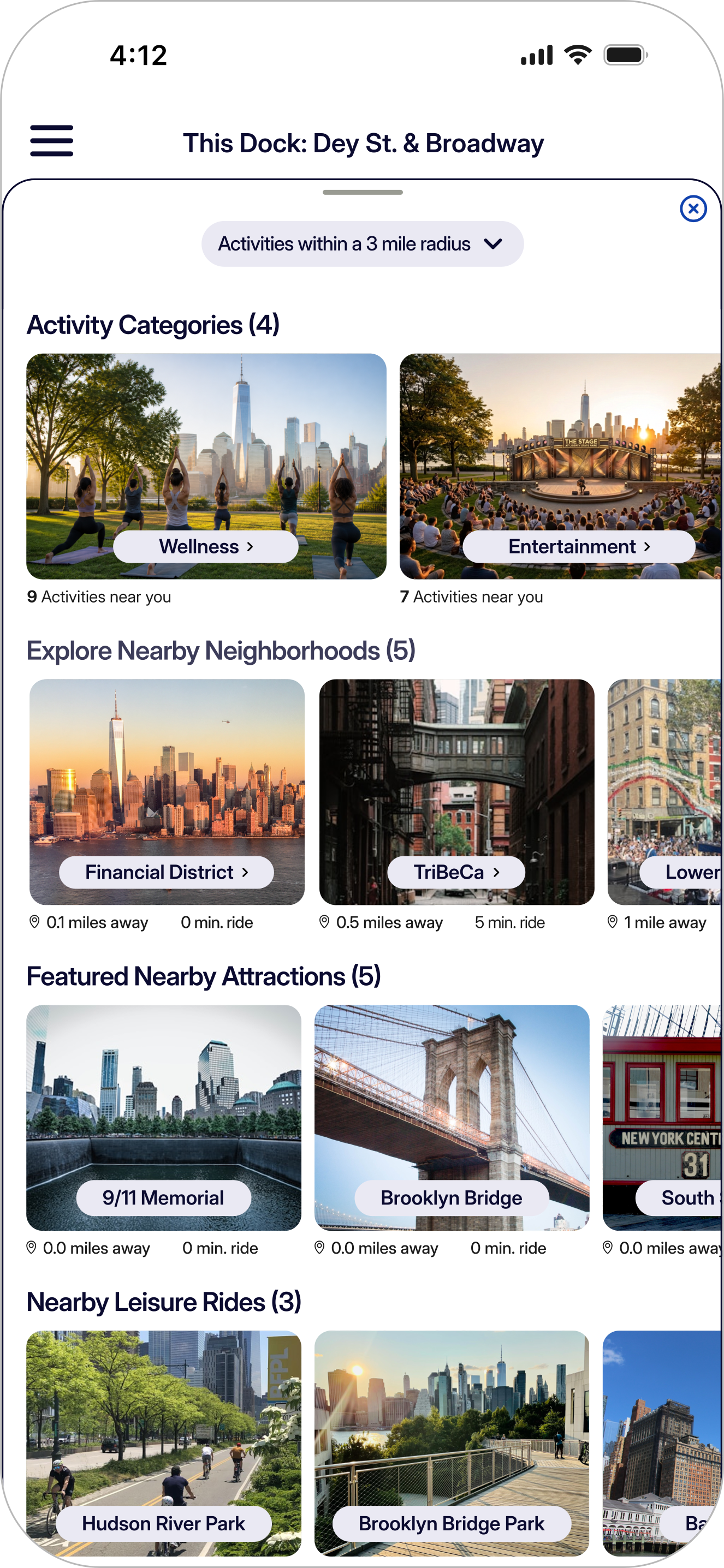 Discover screen: a home drawer of nearby activities, categories and neighbourhoods