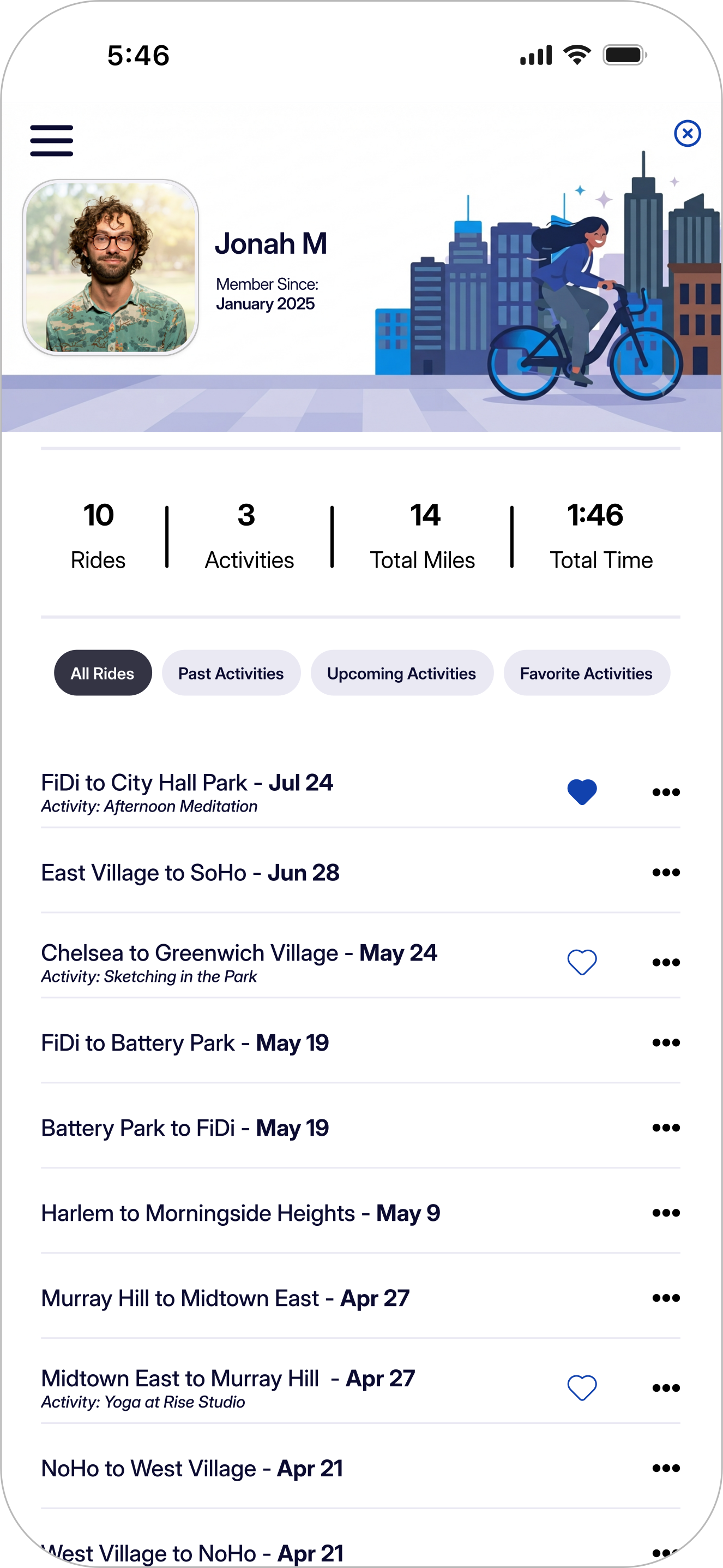 History screen: a rider's past and saved activities