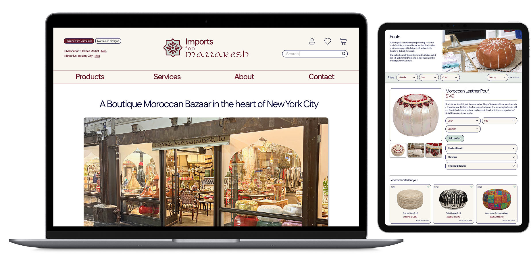Proposed redesigned homepage and Poufs product listing page for Imports from Marrakesh, shown in laptop and tablet frames