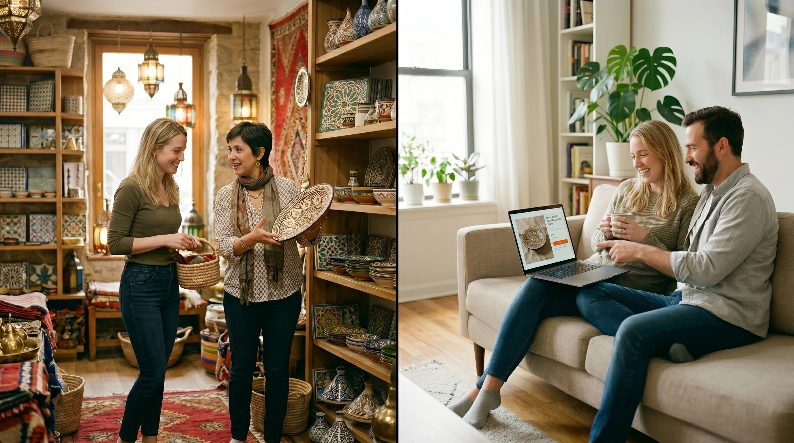 Split image: a customer shopping in IFM's physical store on the left, a couple browsing IFM's online shop on a laptop at home on the right, connected by a curved double-headed arrow