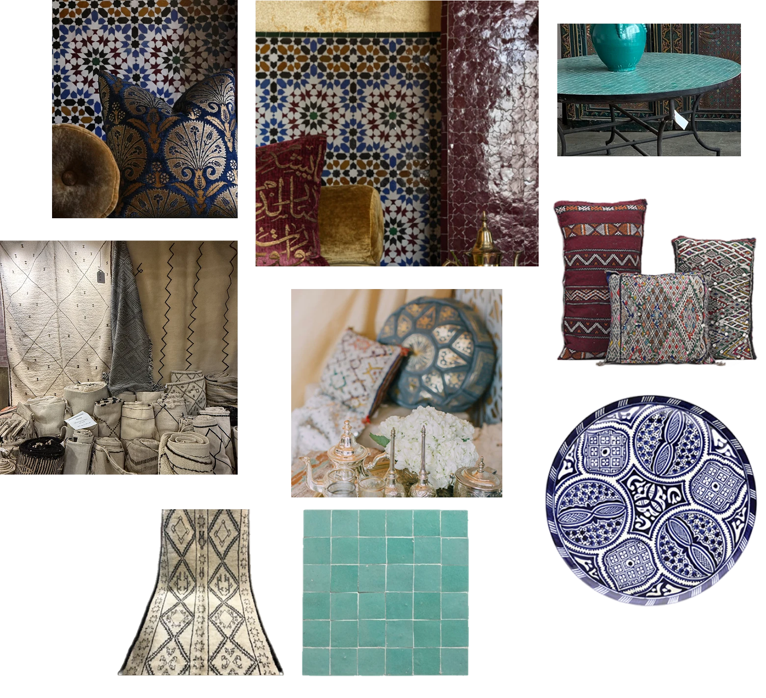 Moodboard of Moroccan interior photography (zellige tiles, embroidered pillows, Berber rugs, brass pottery) that inspired the final color palette