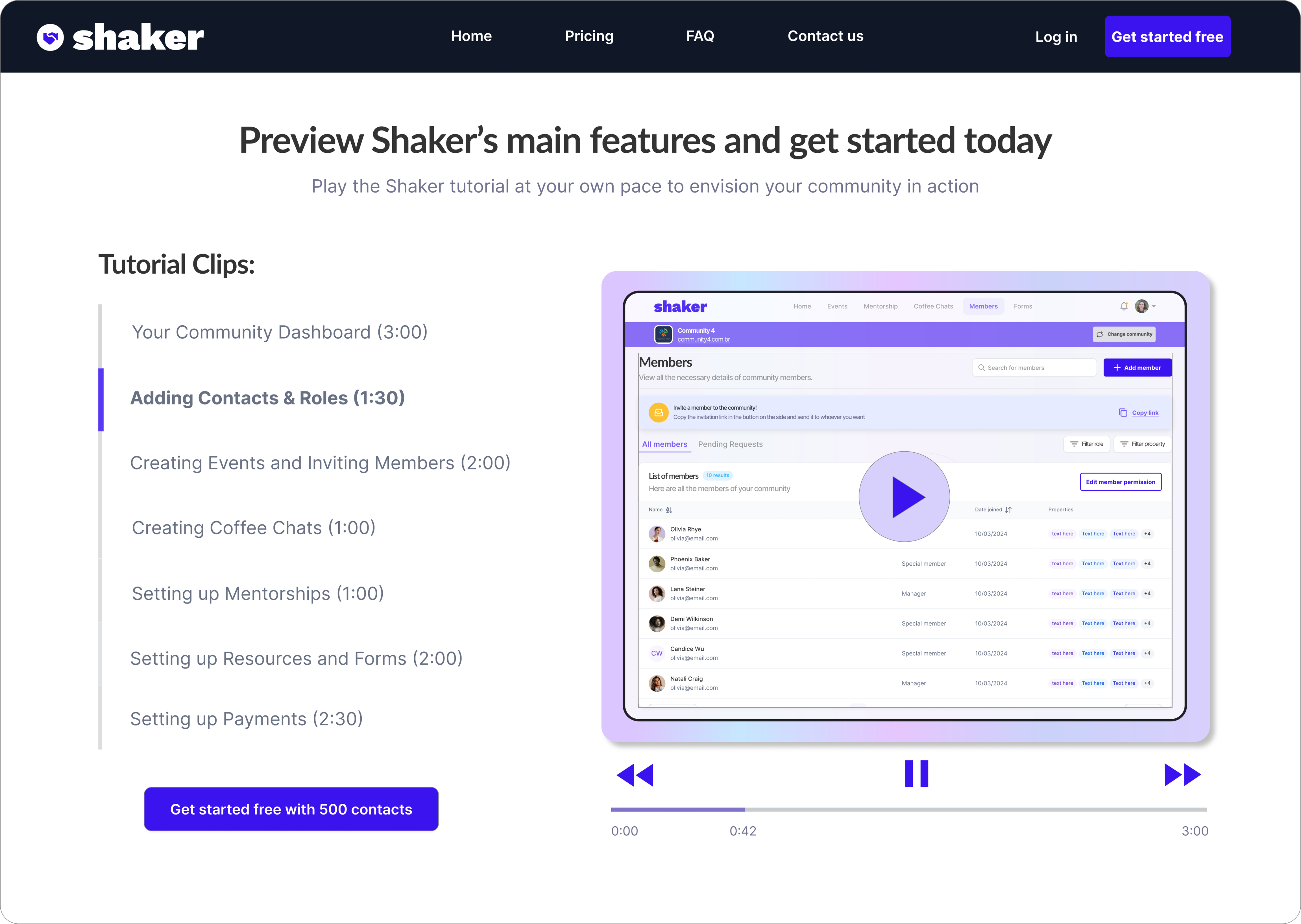 Redesigned Shaker landing page — “Preview Shaker’s main features and get started today” with a list of tutorial clips beside a video player