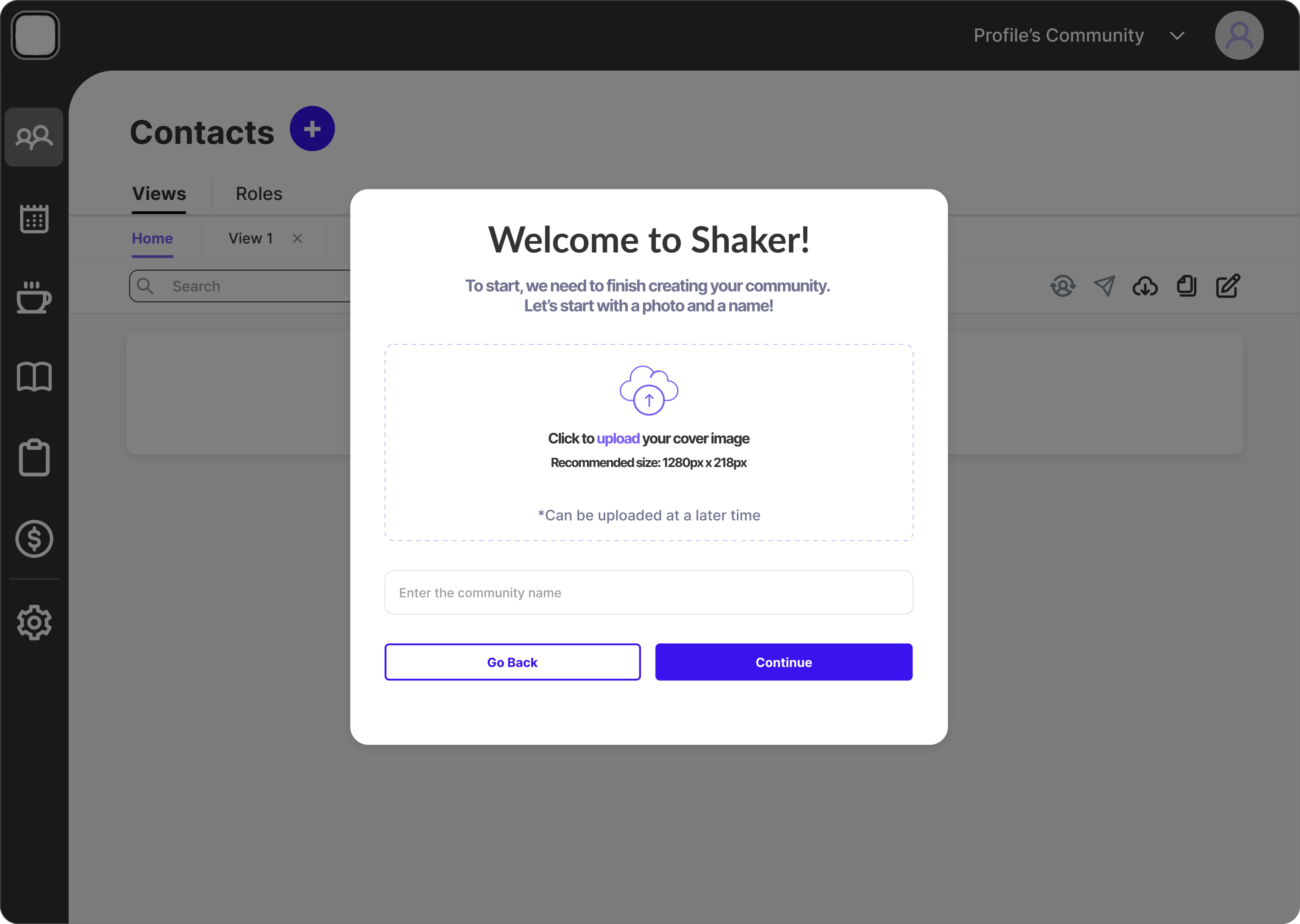 Community-creation “Welcome to Shaker!” overlay on the Contacts page
