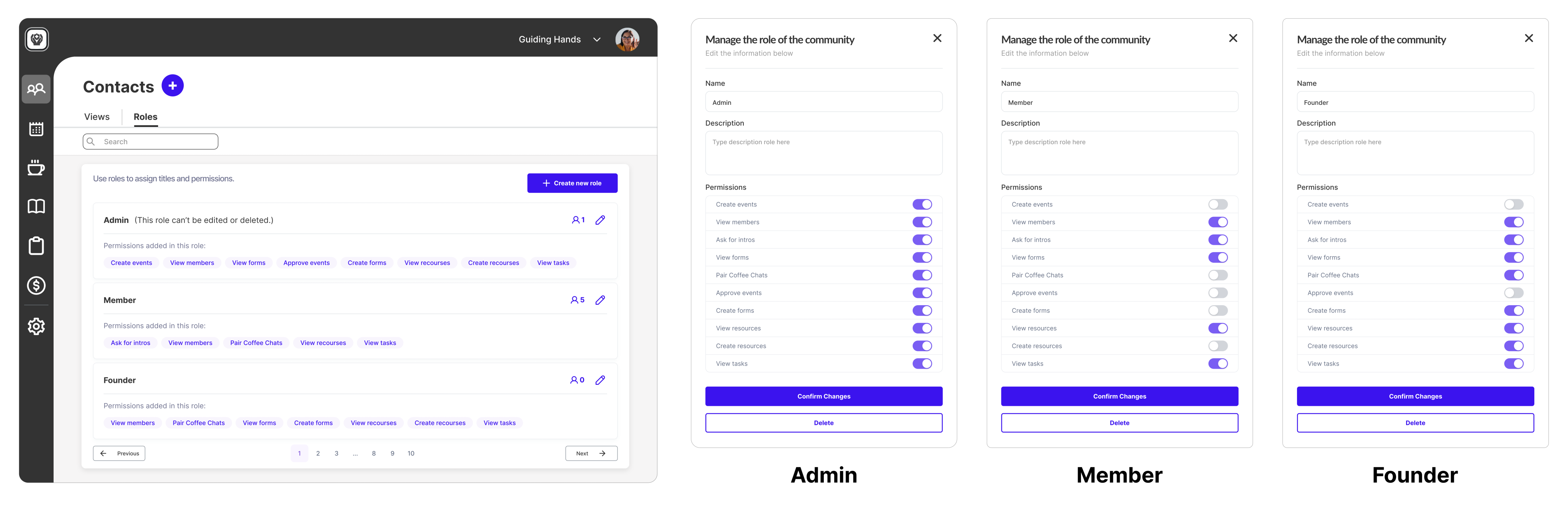 Revamped Contacts page with role-management overlays for creating and customizing Admin, Member, and Founder roles