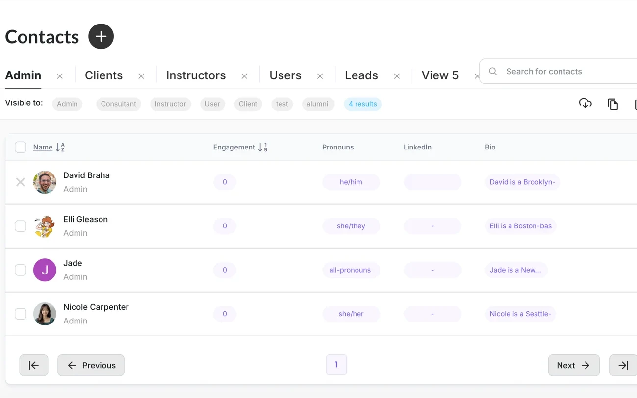 Shaker's existing platform contacts view