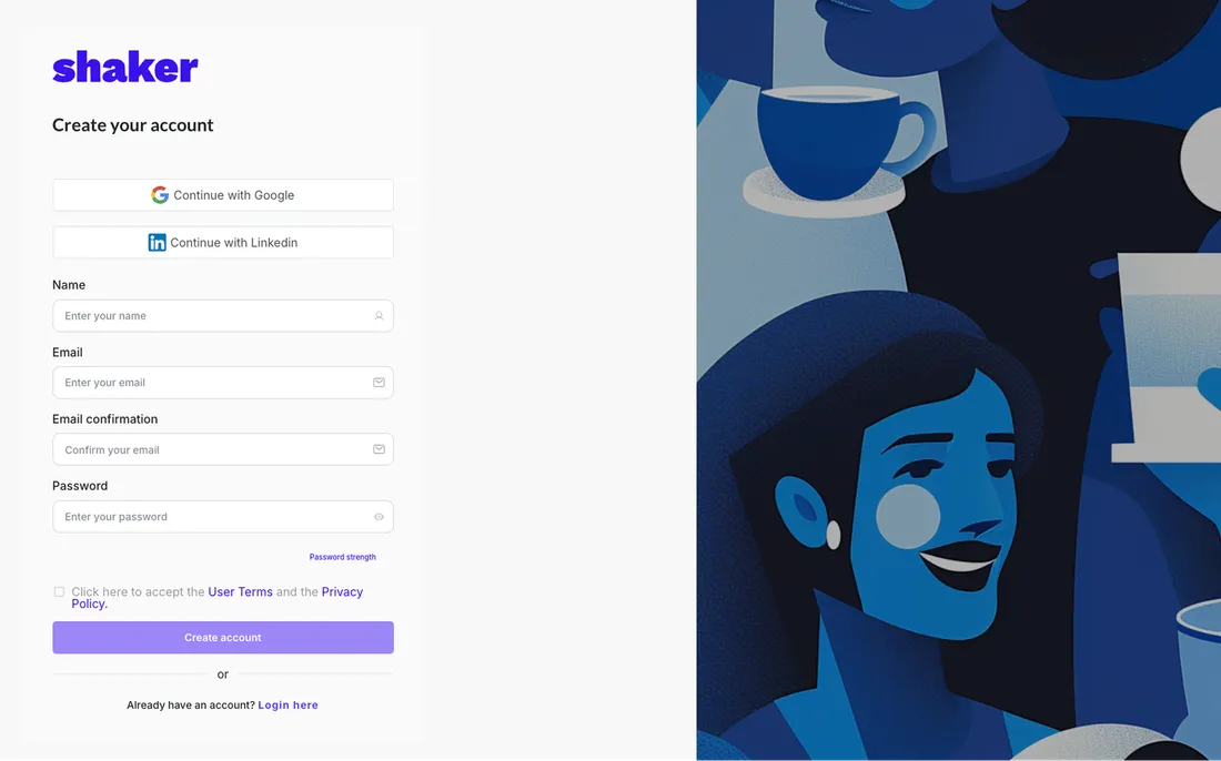 Shaker's existing onboarding / sign-up screen