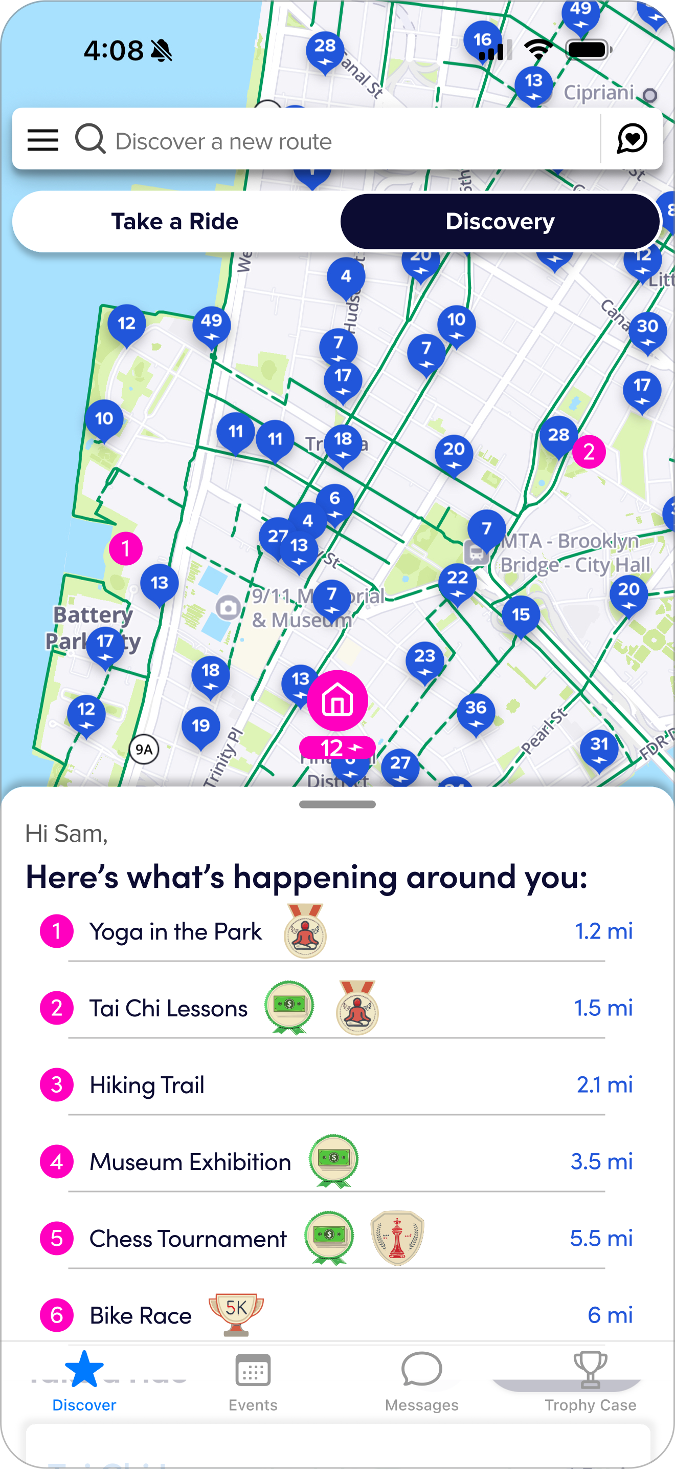 Discovery map showing nearby activities across the city