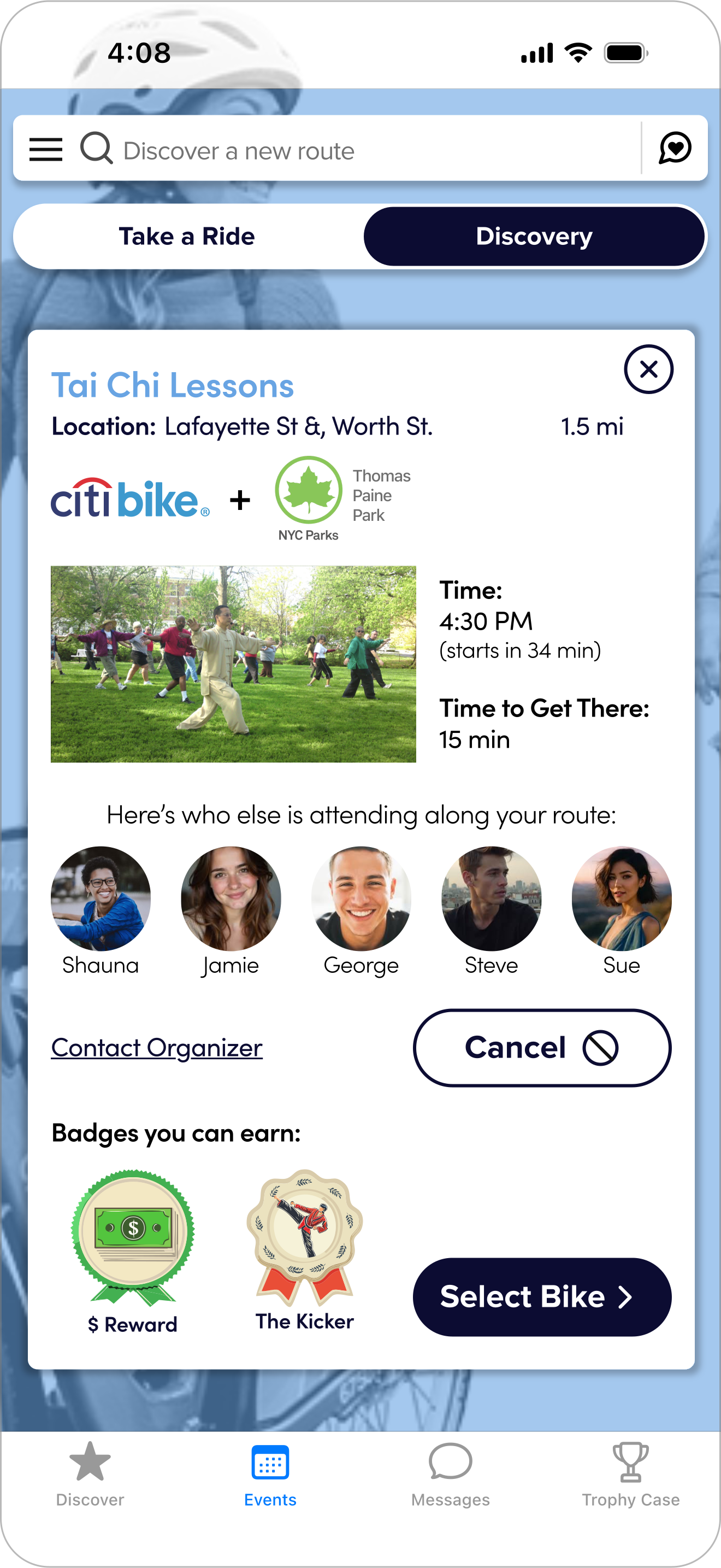 Event detail for Tai Chi Lessons with attendees and earnable badges