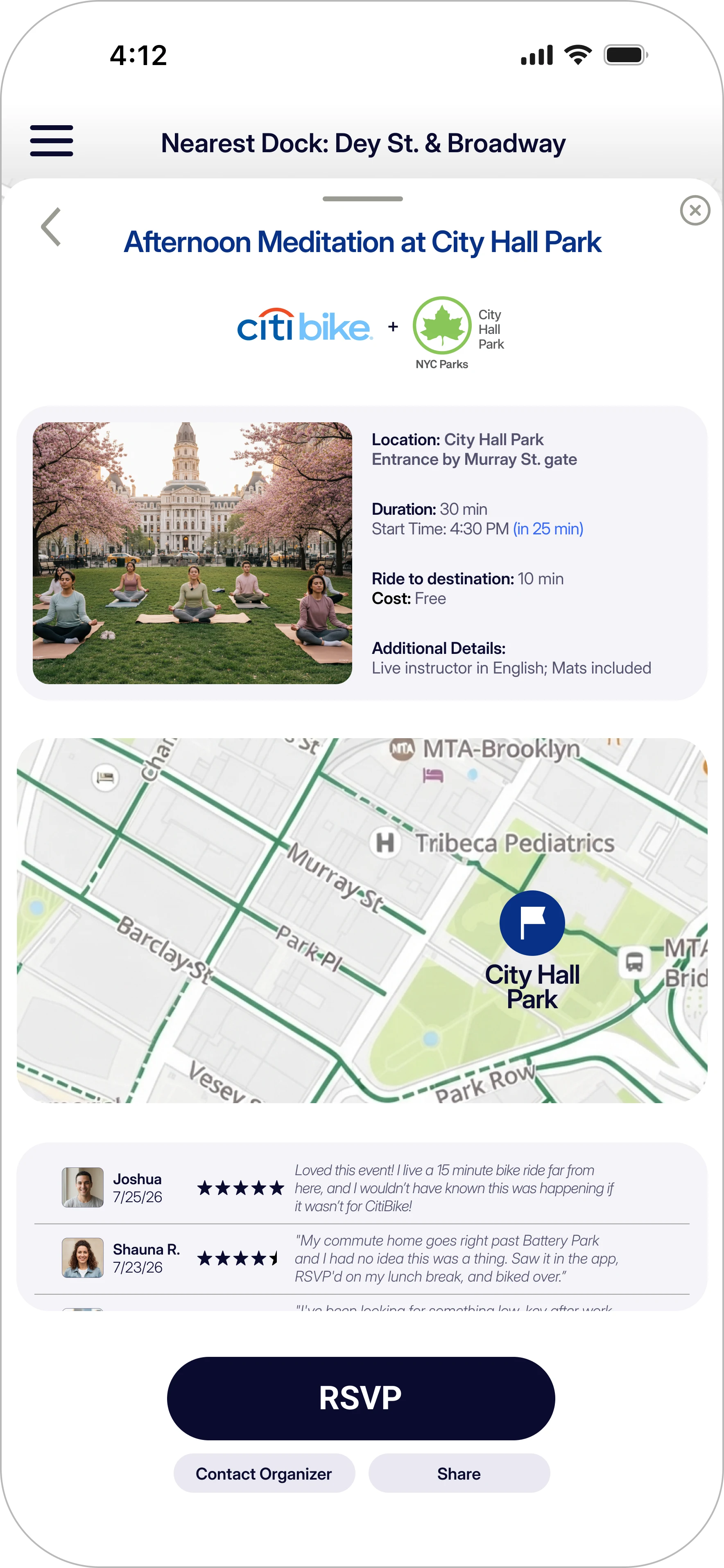 RSVP screen: a chosen activity with details, map and a prominent RSVP button