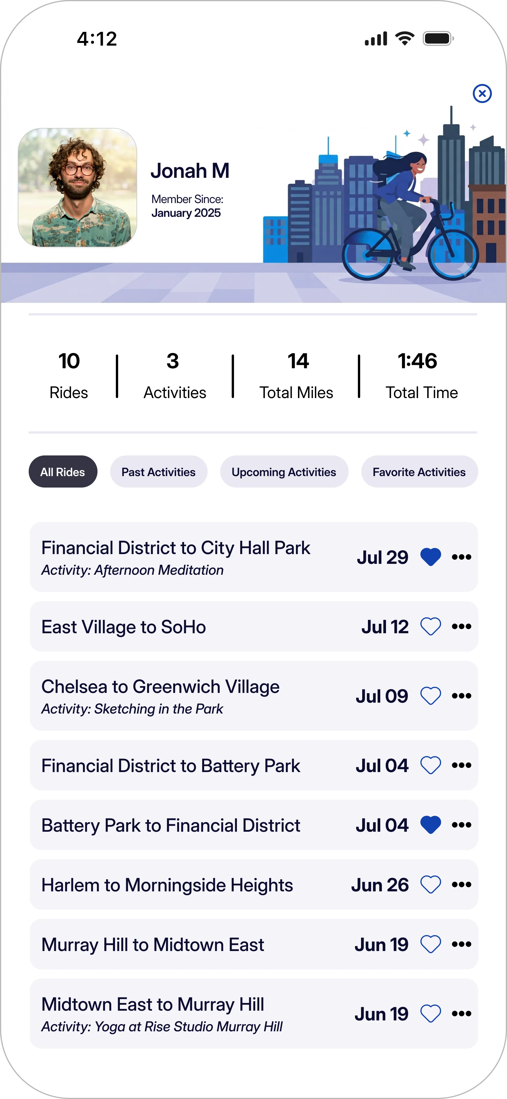History screen: a rider's past and saved activities