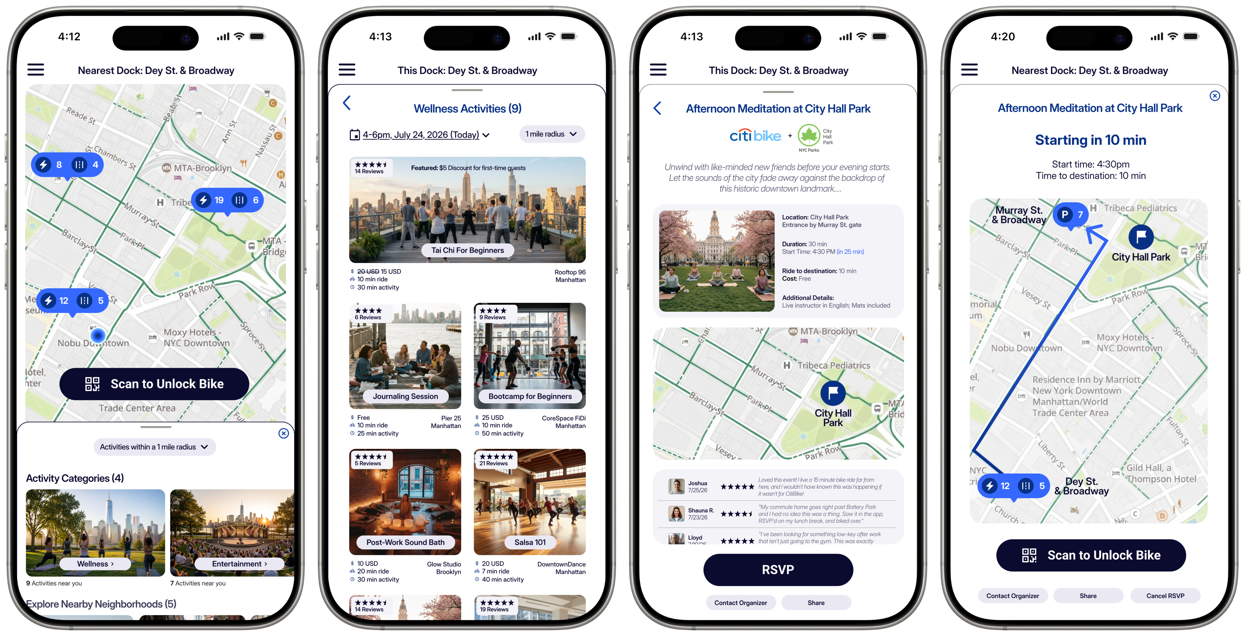 Citi Bike app screens showing the dock-to-ride activity flow