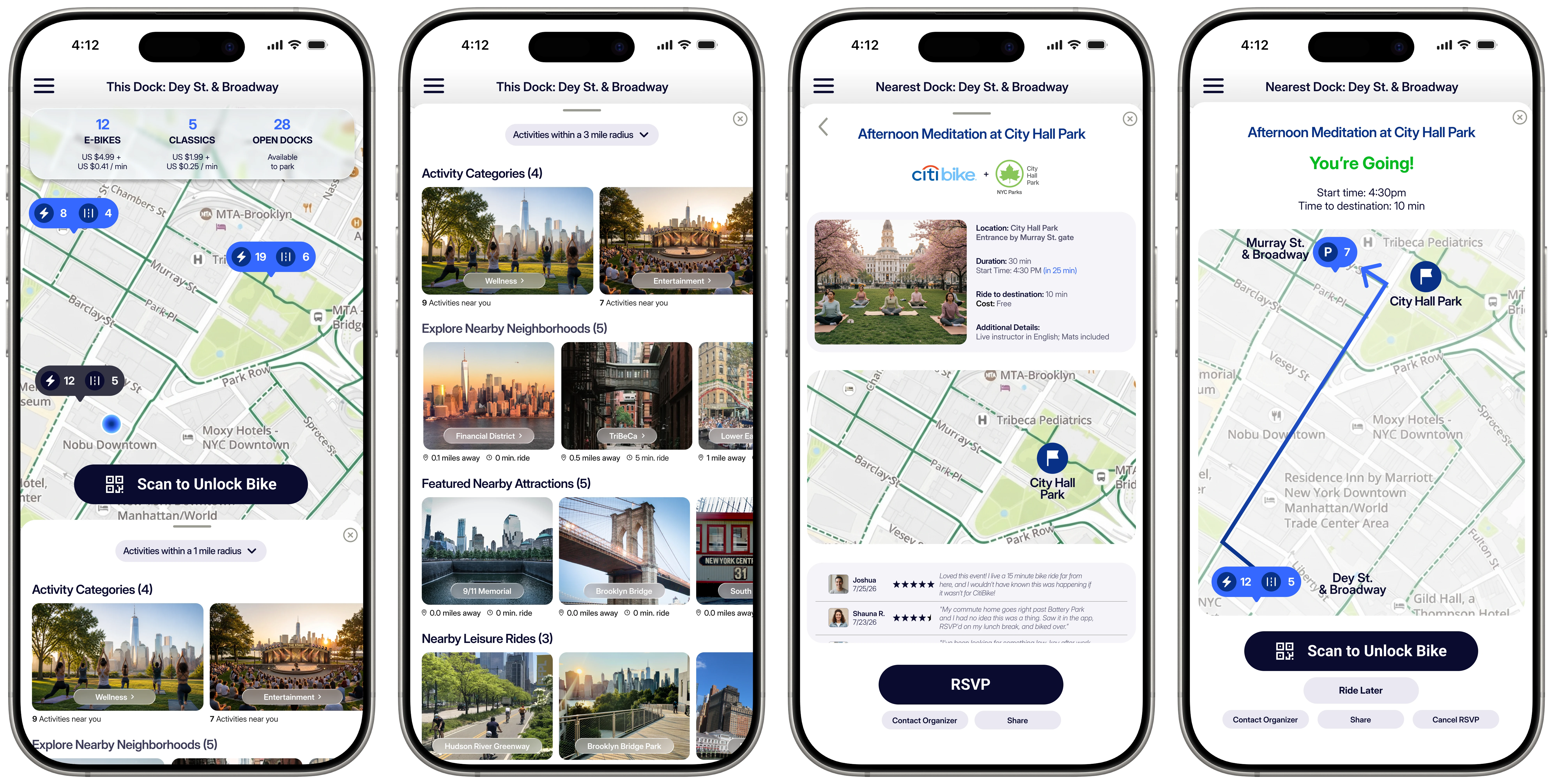 Citi Bike app screens showing the dock-to-ride activity flow
