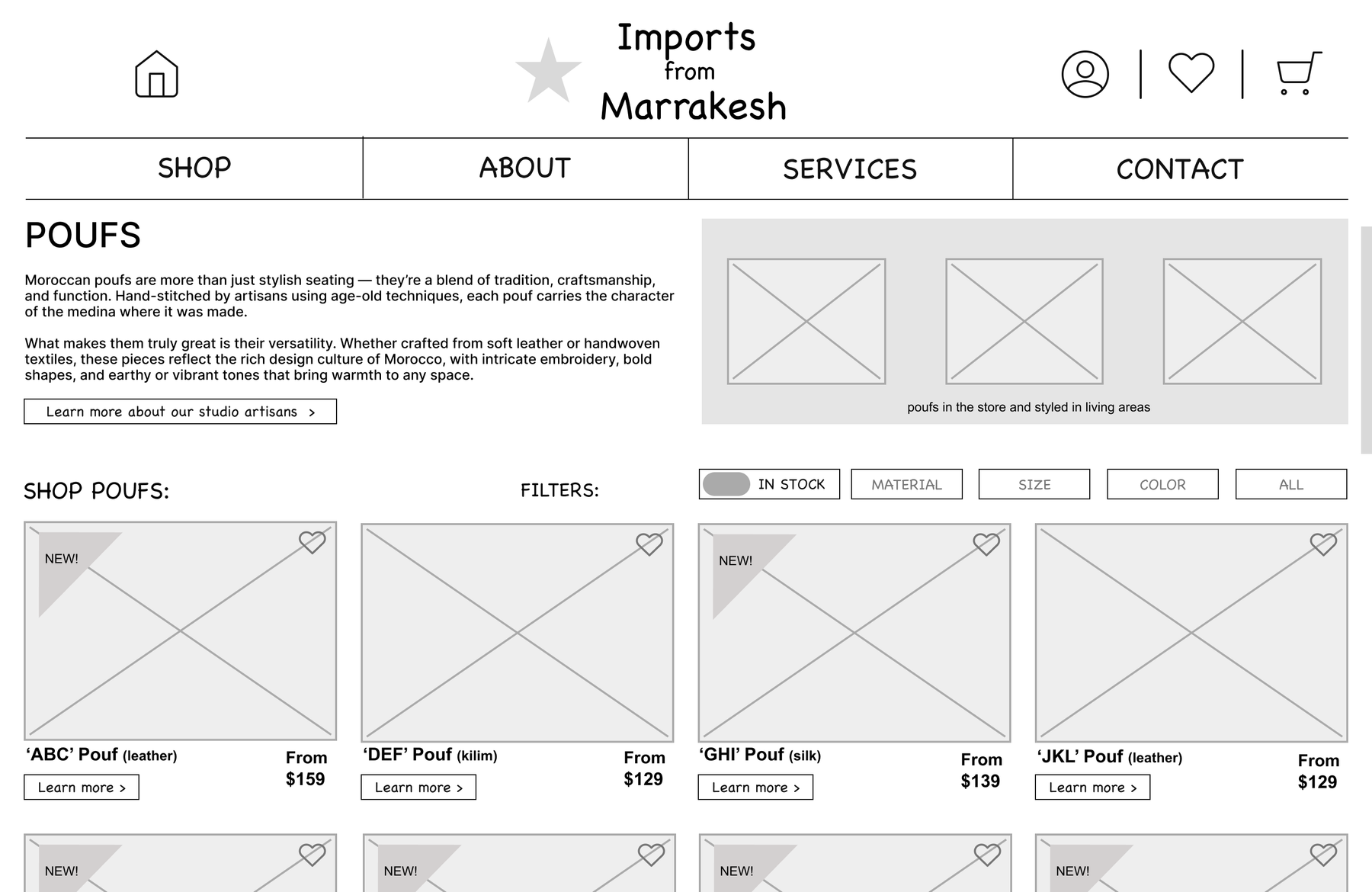 Lo-fi digital wireframe of the redesigned Poufs shop page, with a category intro, lifestyle image strip, and filterable product grid