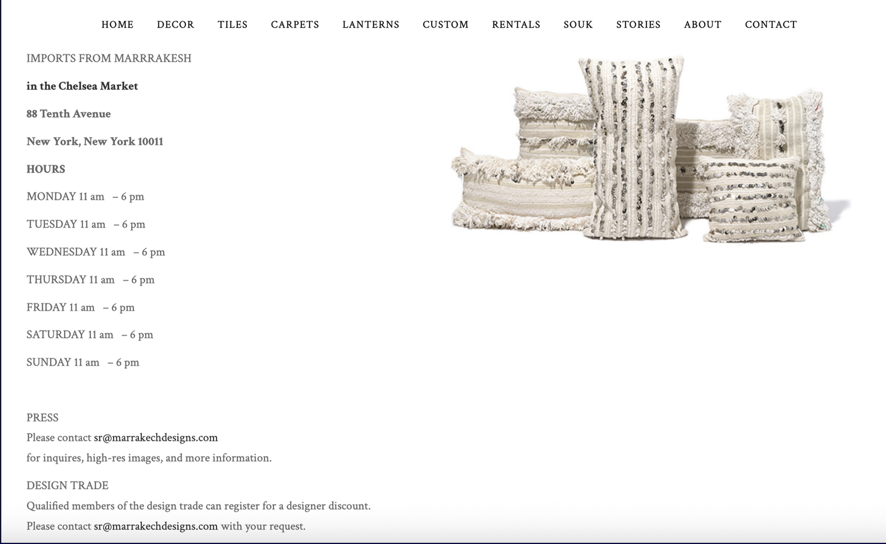 Existing IFM contact page with store hours and address surrounded by excessive empty space, alongside an unrelated photo of pillows