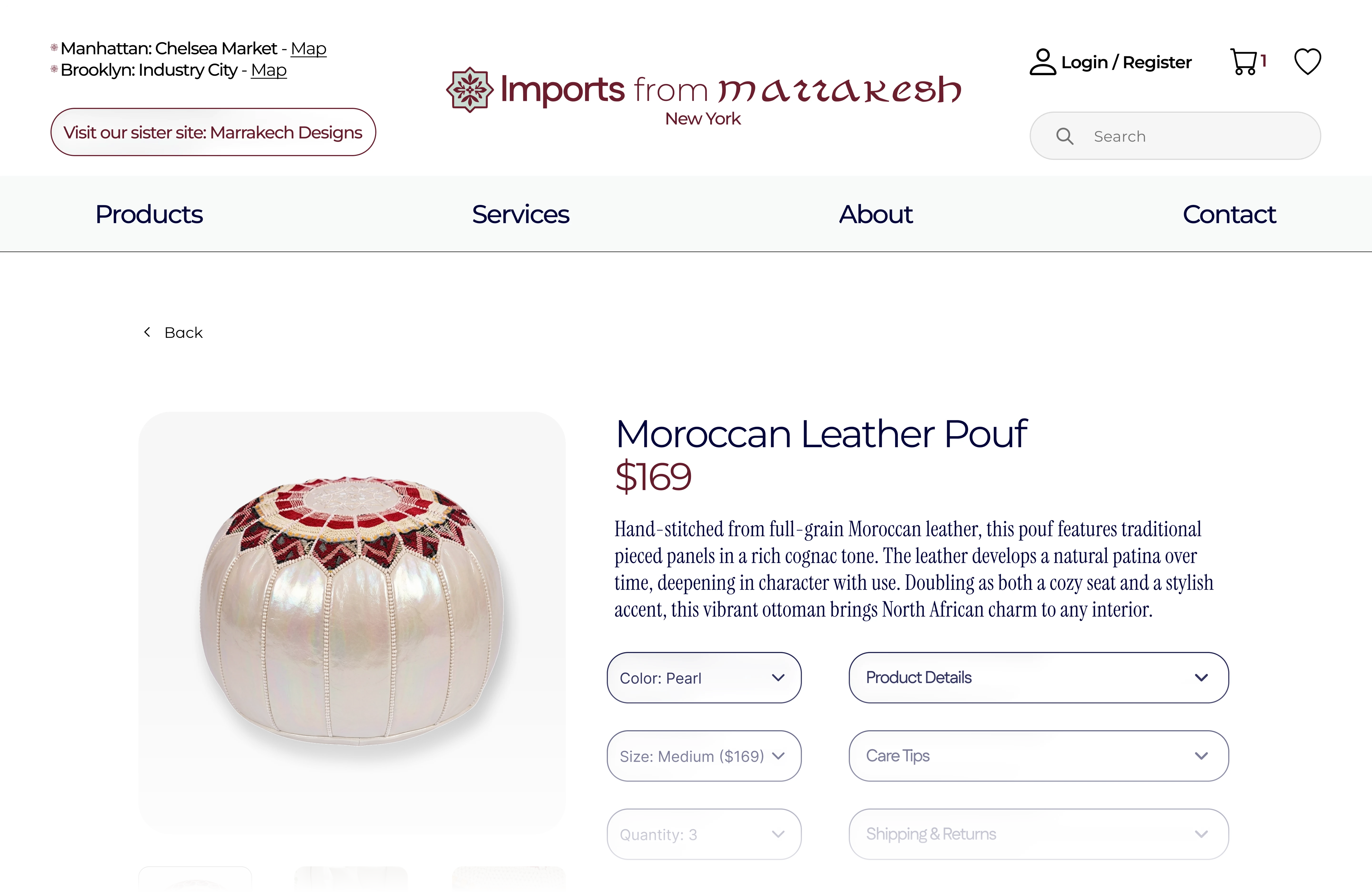 Imports from Marrakesh redesigned product page for a Moroccan leather pouf