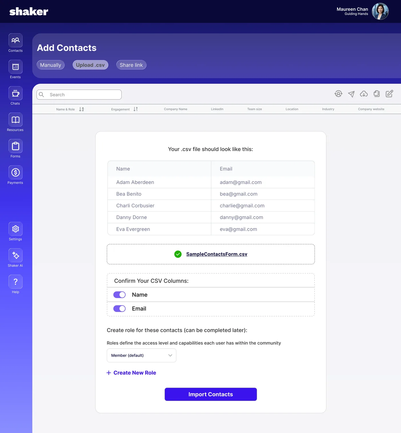 Add-contacts panel layered over the Contacts table
