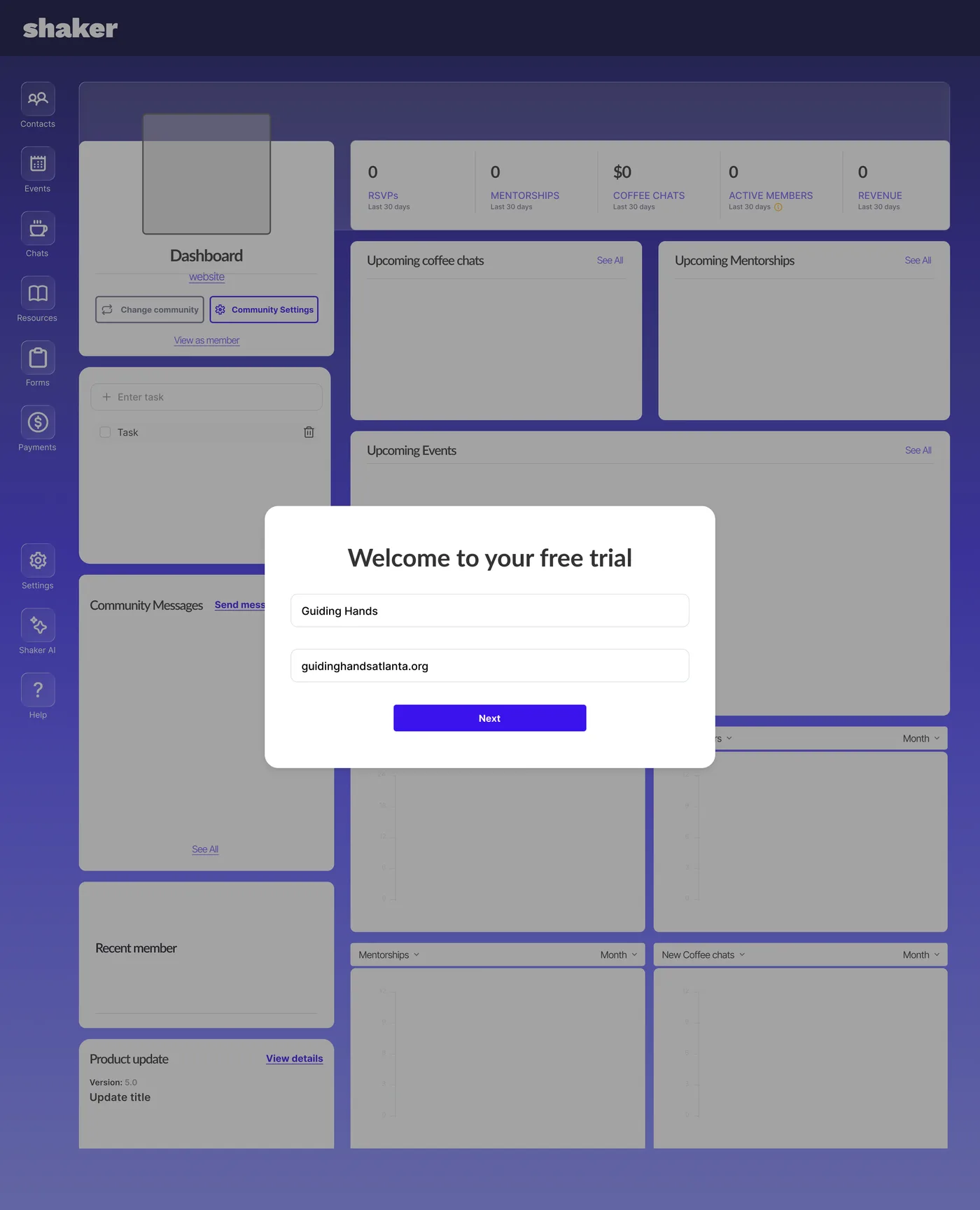 New dashboard with headline metrics, tasks, events and messages