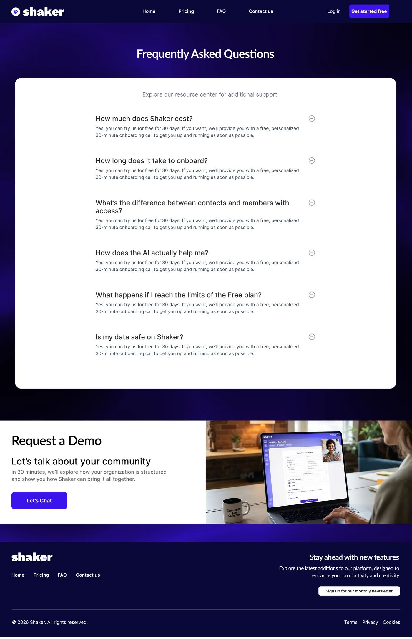 FAQ rebuilt as its own page on the brand purple ground