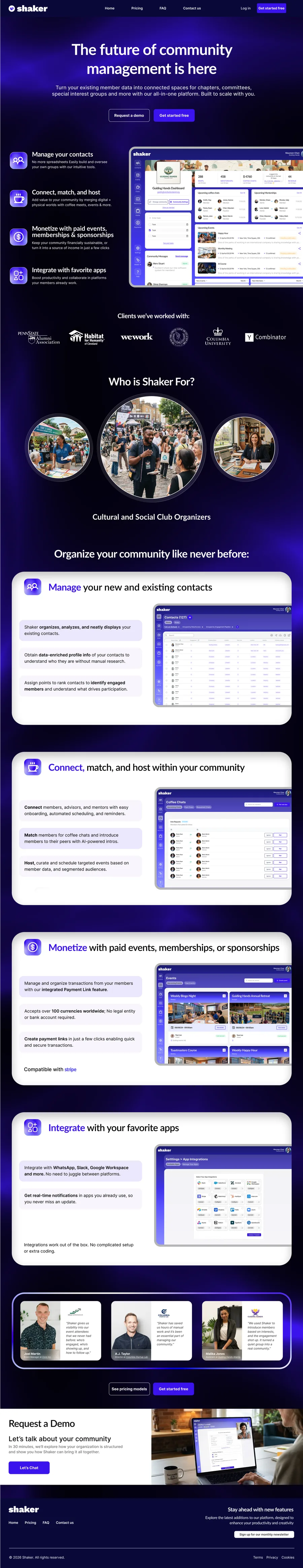 Redesigned Shaker homepage with client logos, feature cards and a populated dashboard