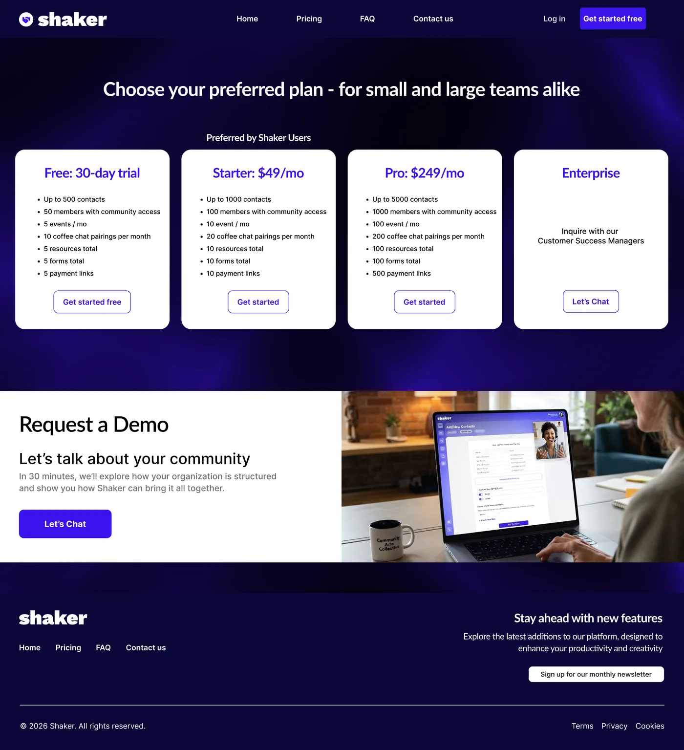 Shaker pricing page with four plan cards and a request-a-demo section