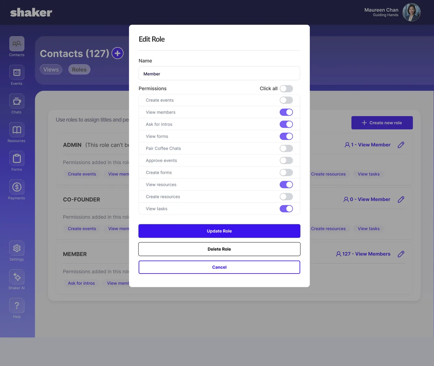 Role editor showing a real Member configuration with mixed states