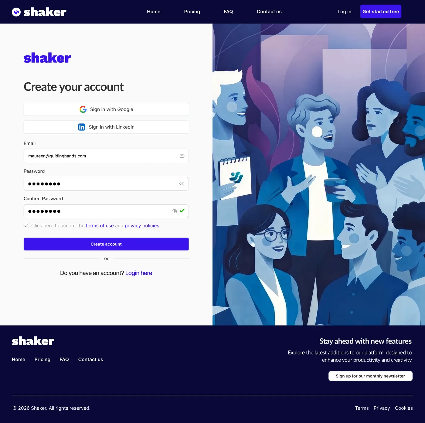 Create-your-account screen with a terms checkbox