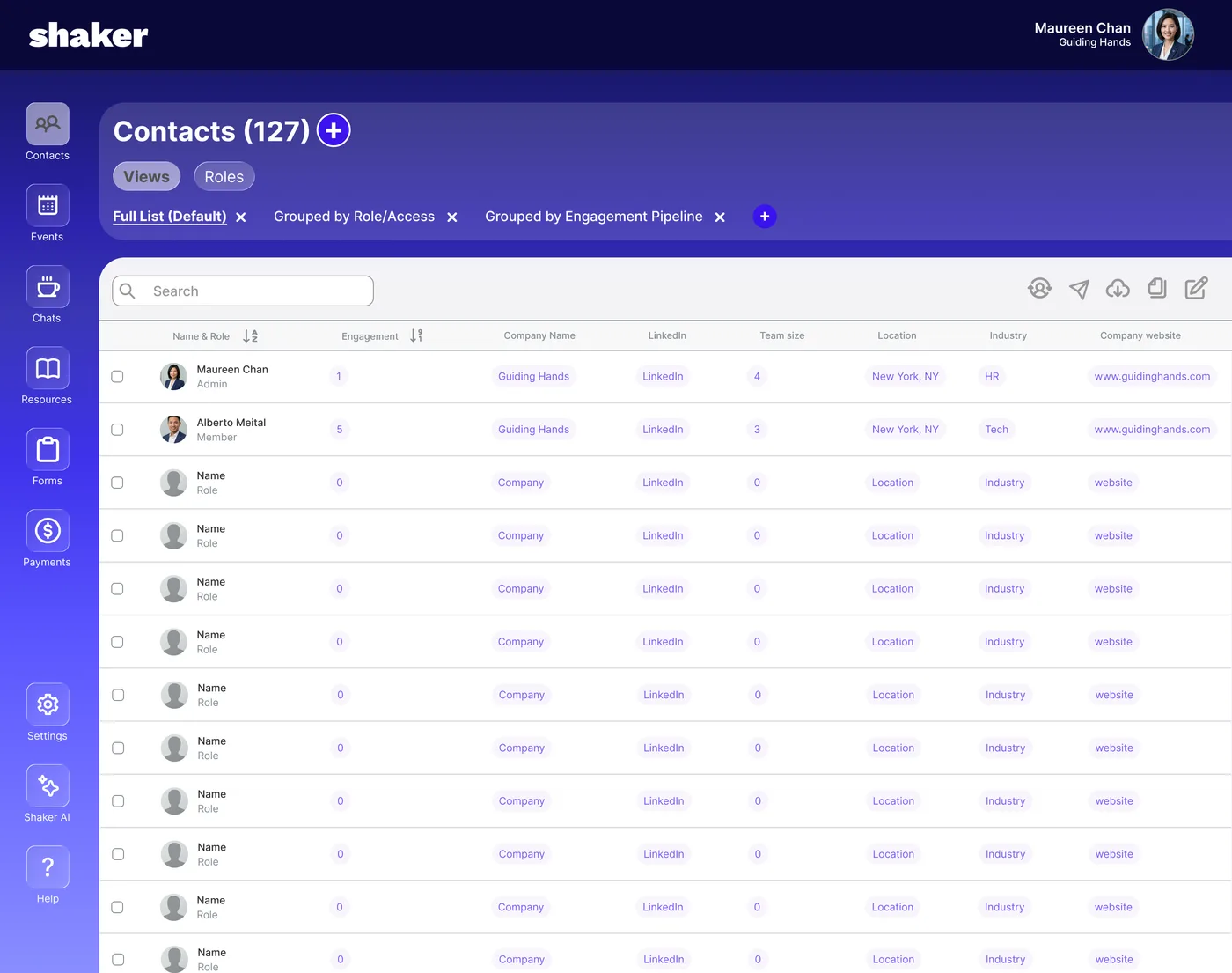 Contacts table with self-describing view names and a contact count