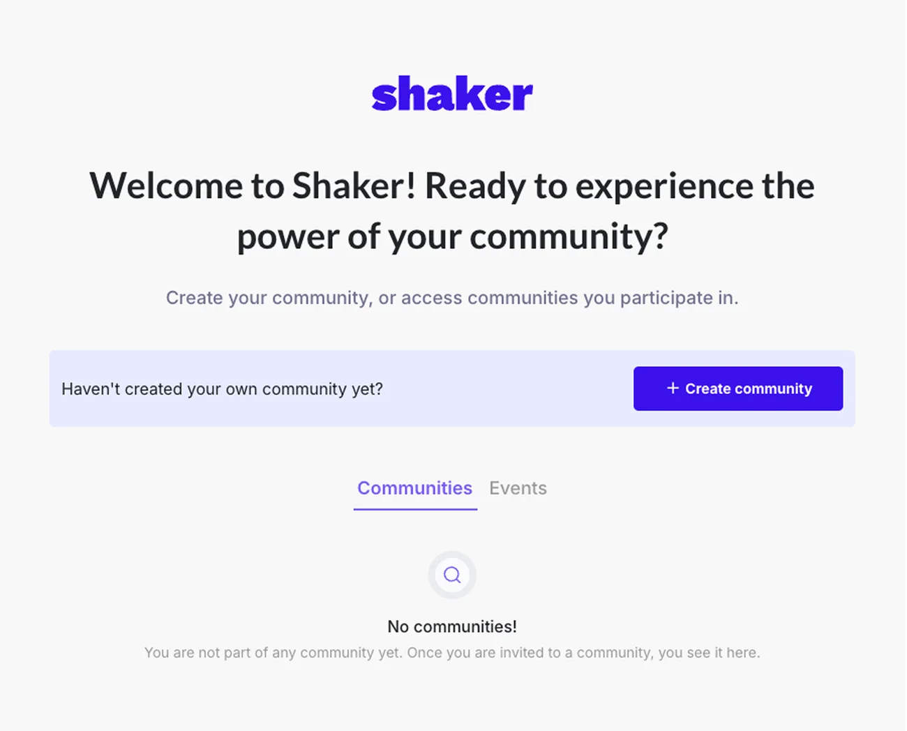 Shaker's community landing with an empty “no communities” state
