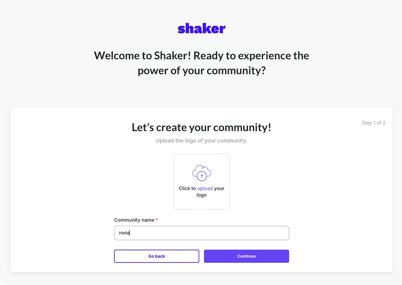 Shaker's “create your community” form (step 1 of 2)