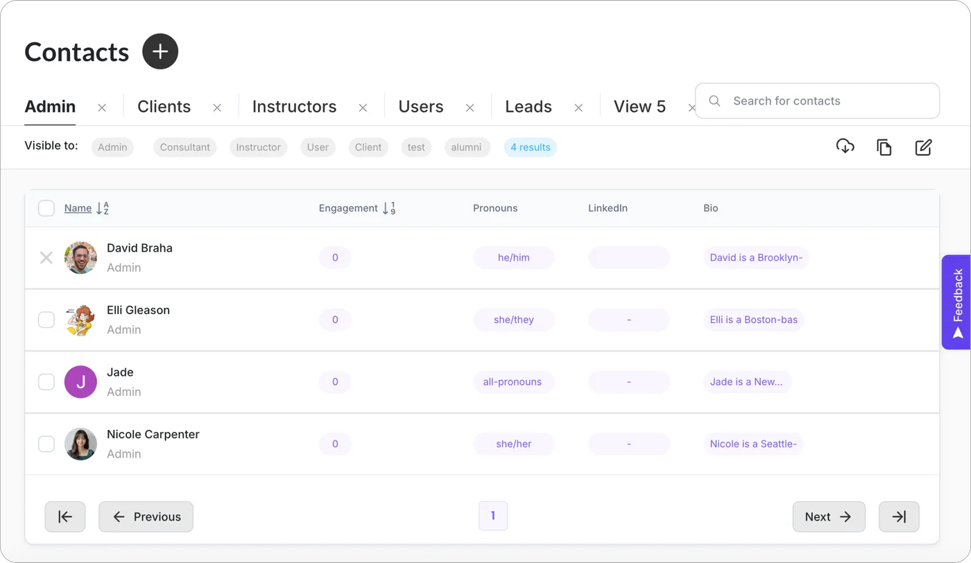 Shaker's Contacts page with view tabs and contact list