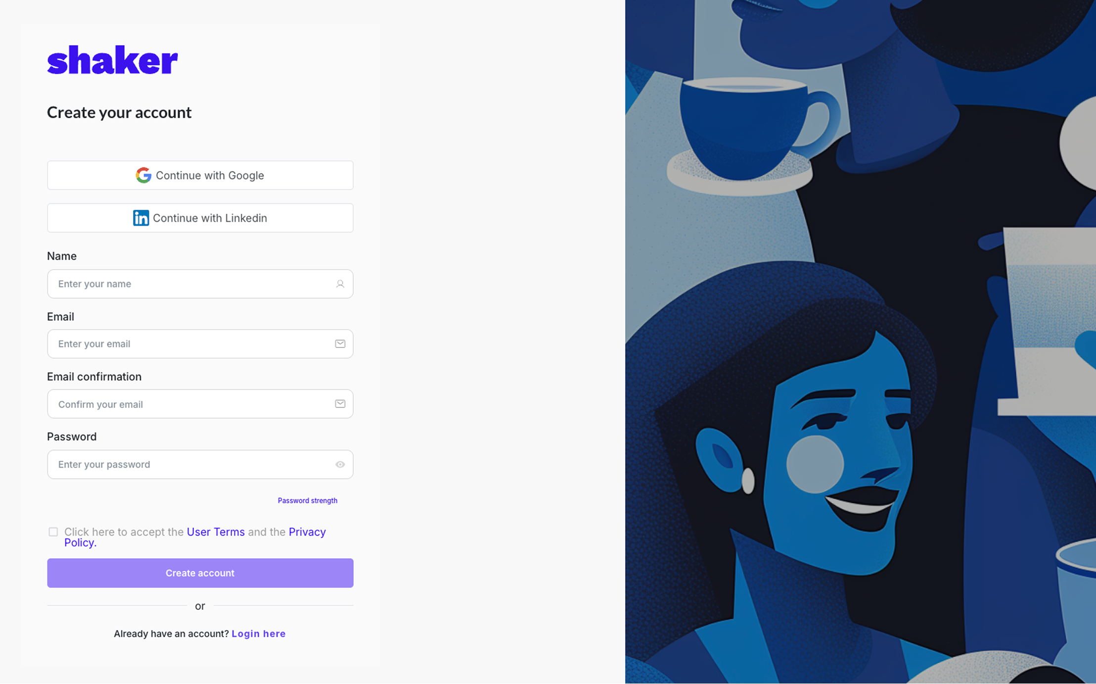 Shaker's sign-up / create-account screen