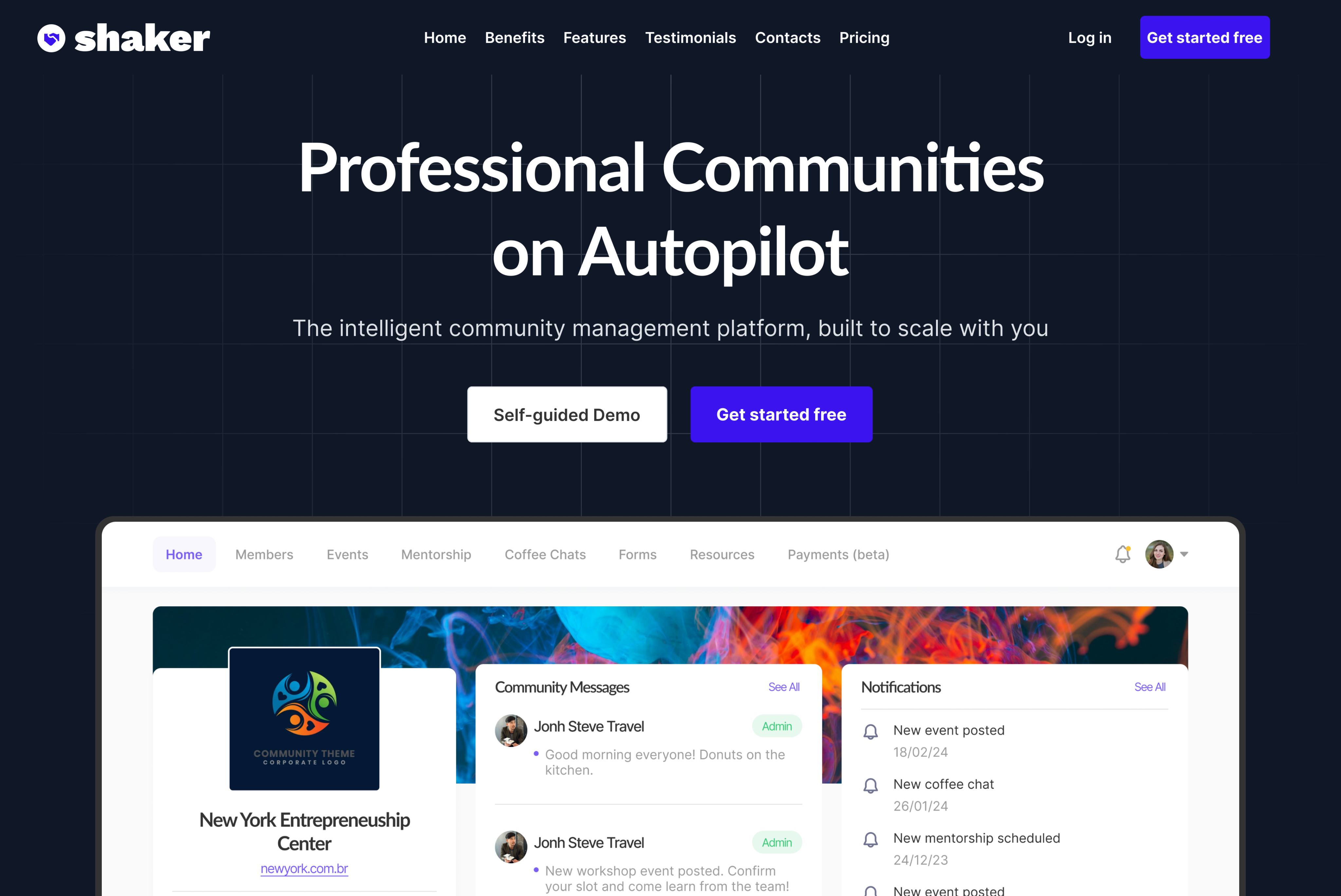 Shaker's existing landing page, headlined 'Professional Communities on Autopilot'