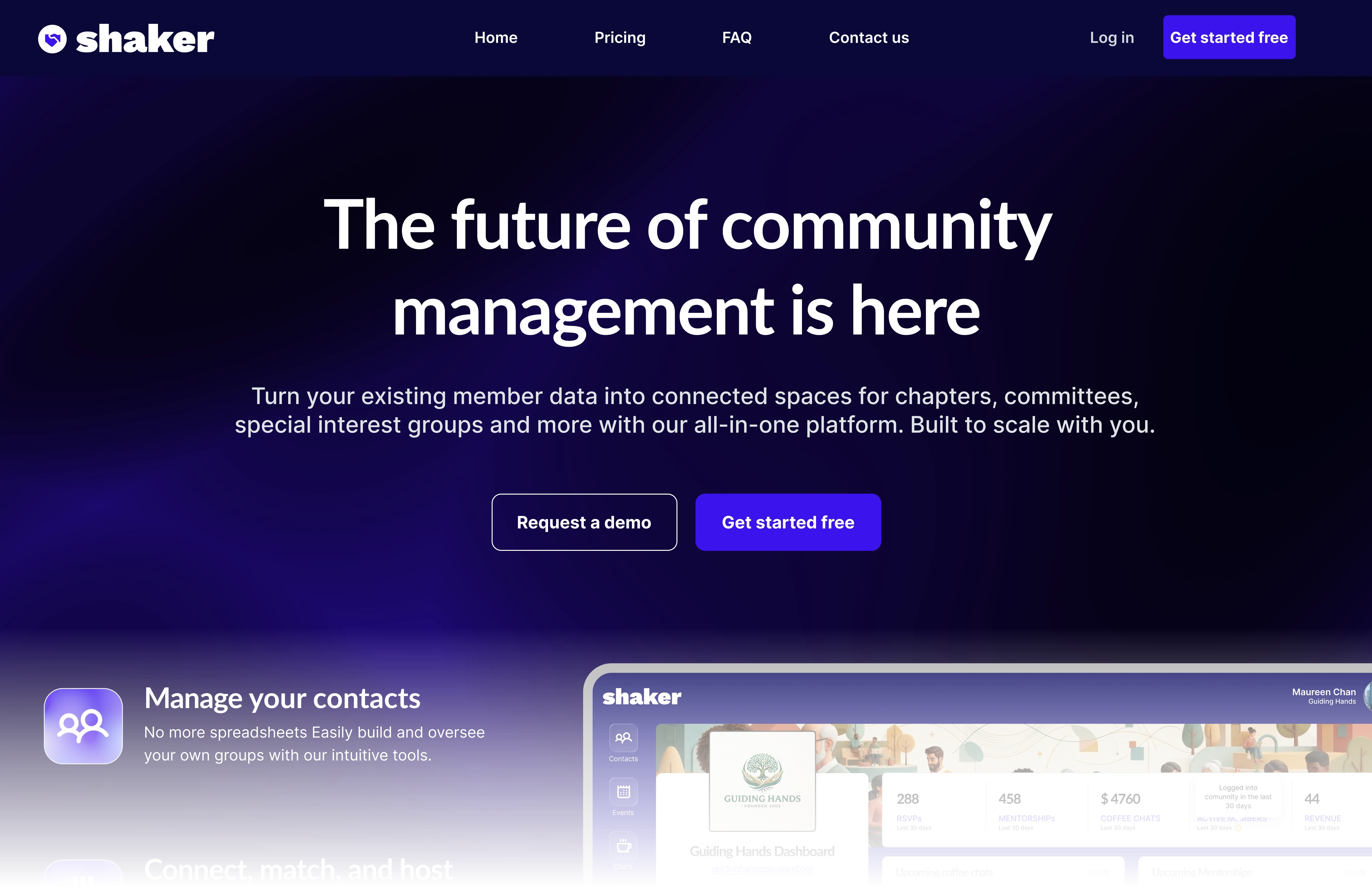 Shaker landing page and community management dashboard