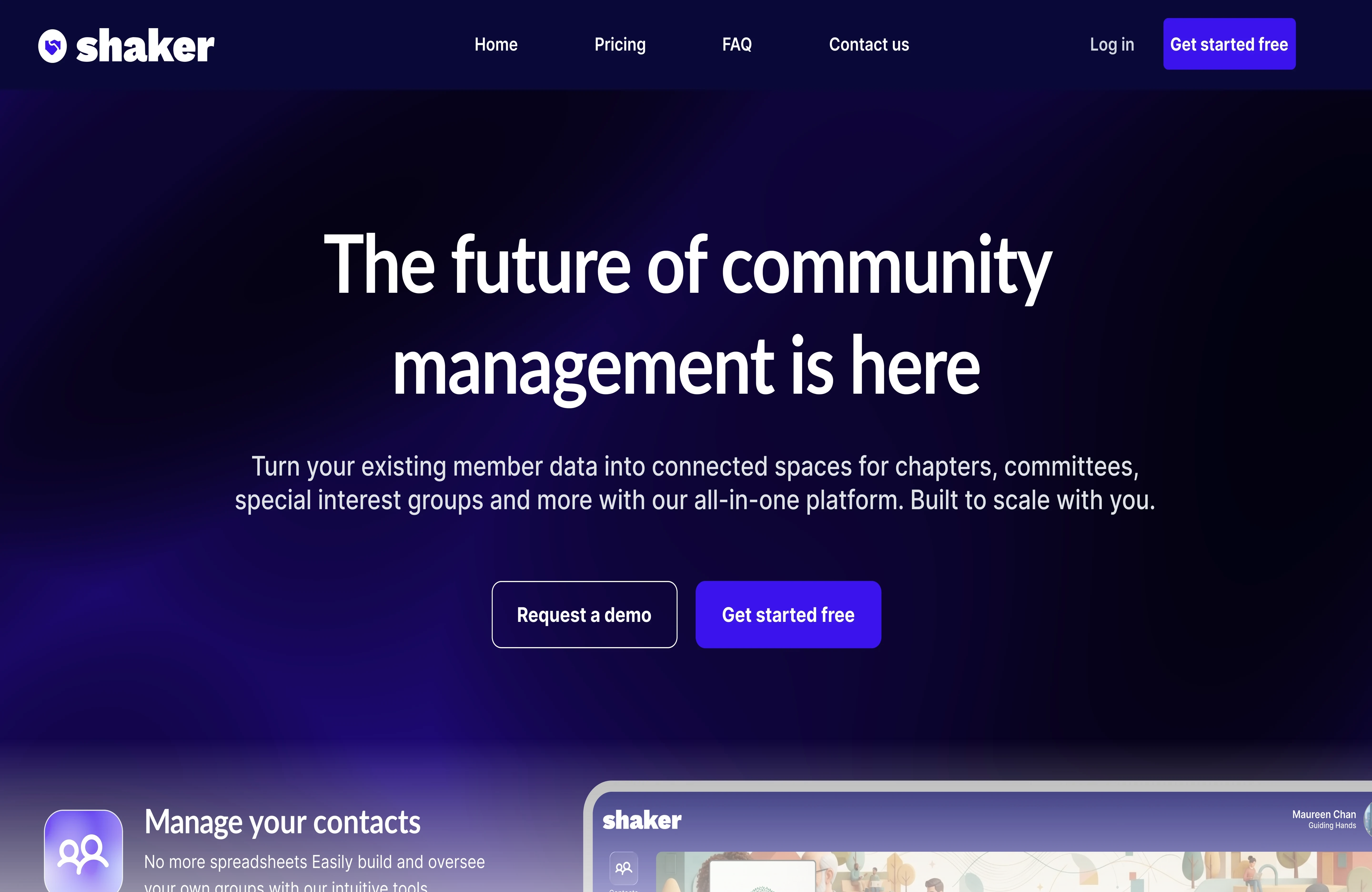 Shaker landing page and community management dashboard