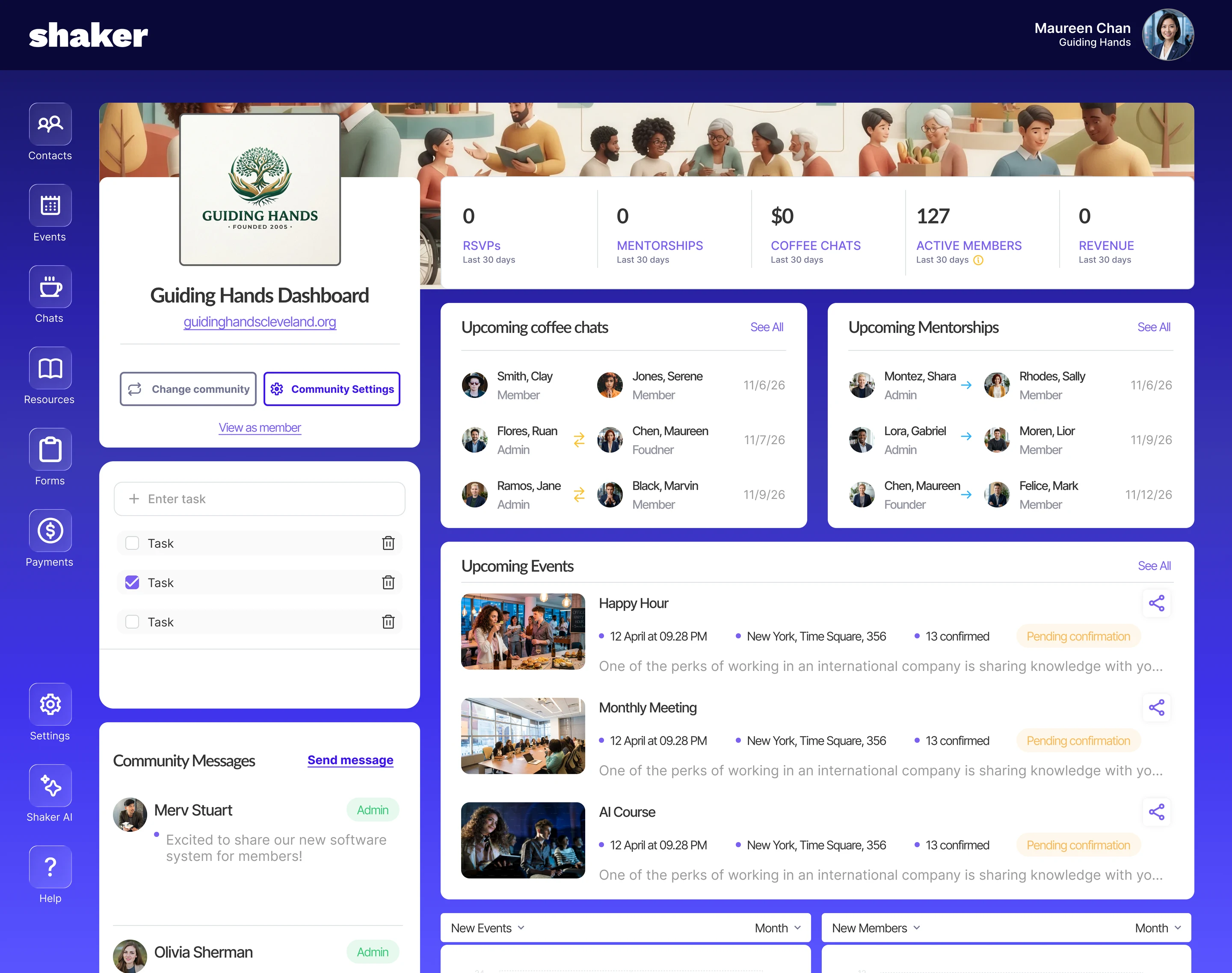 Shaker's redesigned community dashboard, with activity stats, upcoming events and member messages