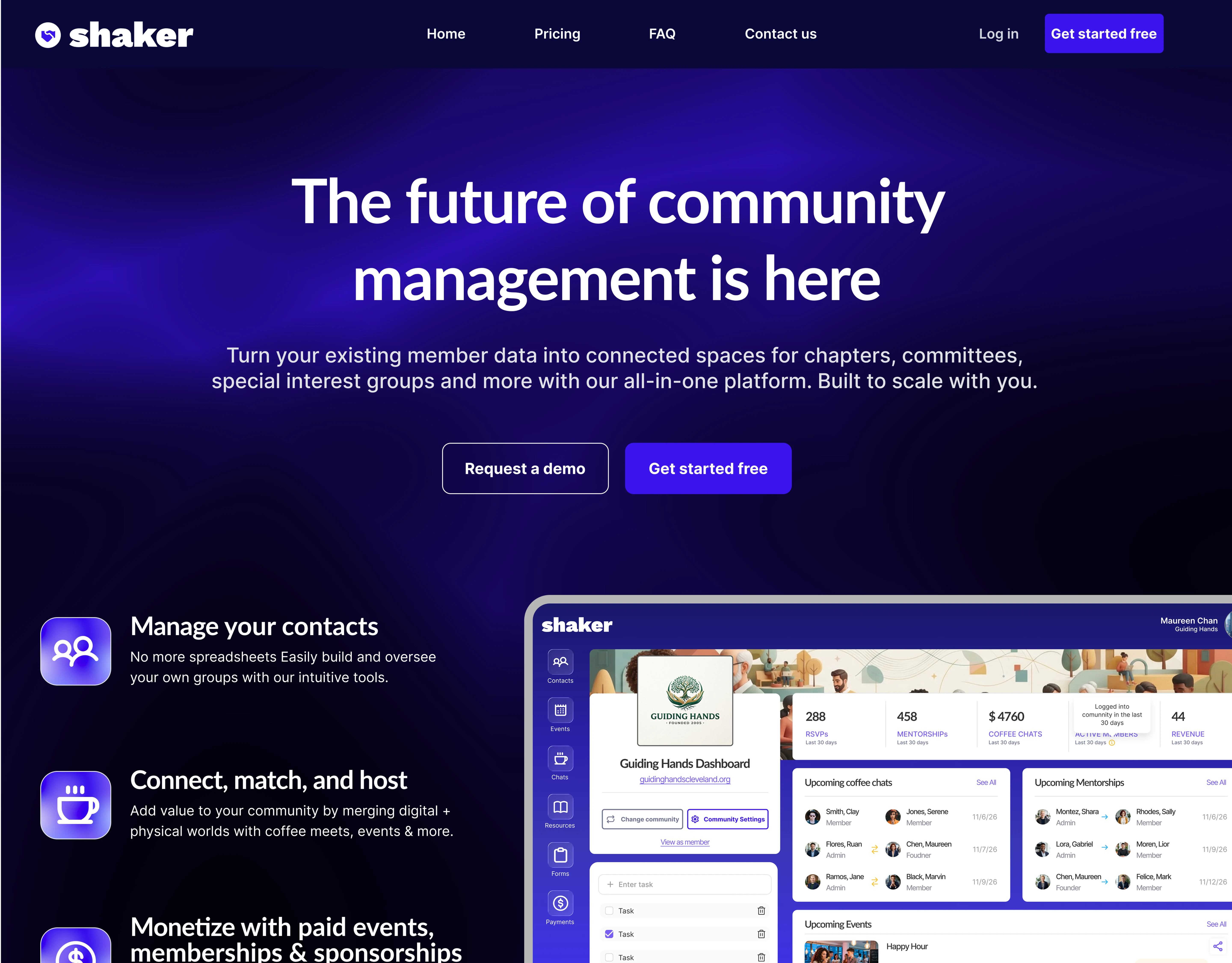 Shaker's redesigned homepage — “The future of community management is here” — with the four feature callouts and the populated community dashboard below