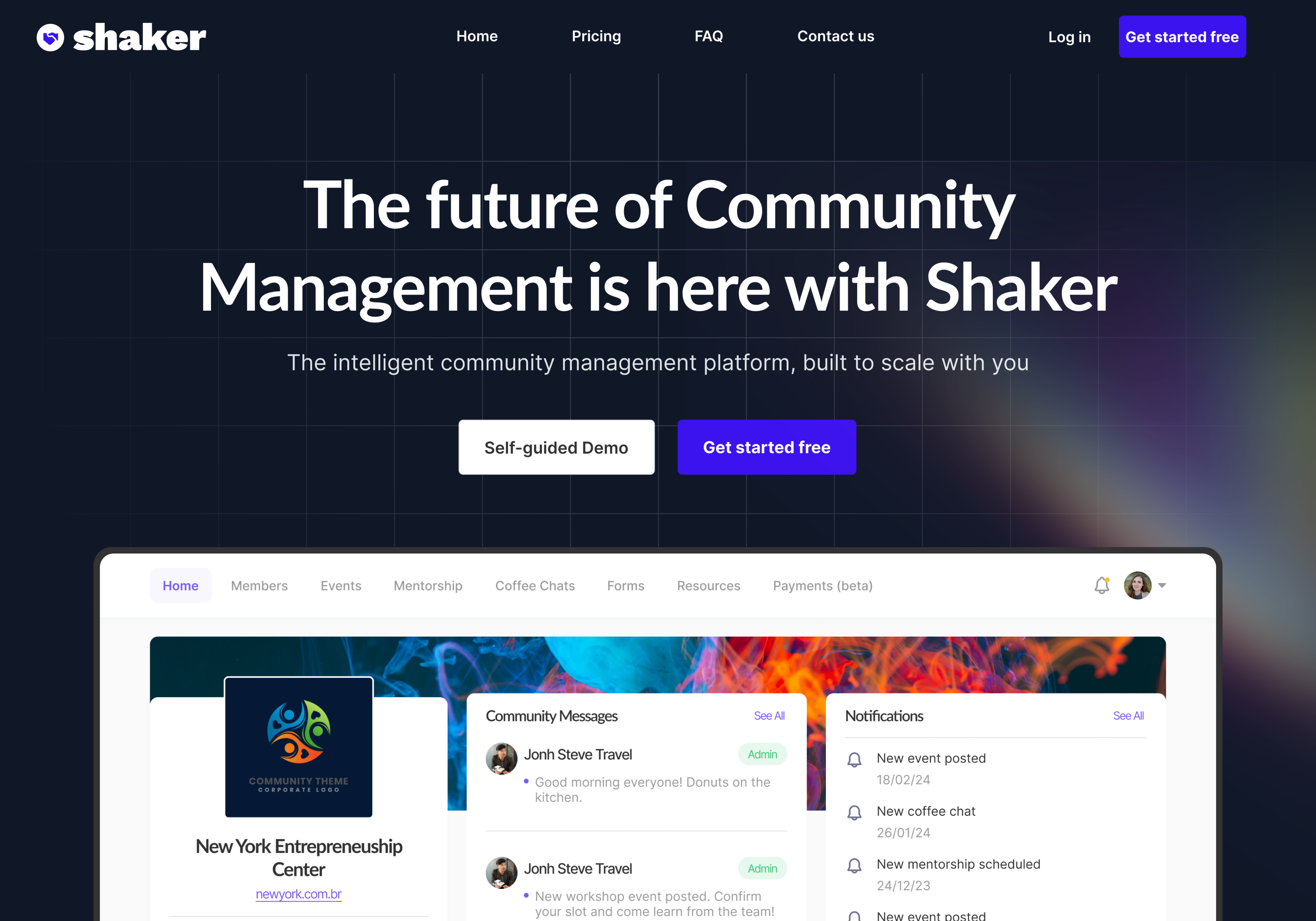 Shaker landing page and community management dashboard